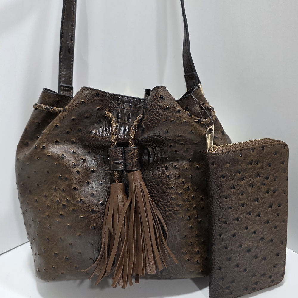 Chocolate Brown Ostrich Embossed Vegan Leather 2 In 1 Bucket Shoulder Bag